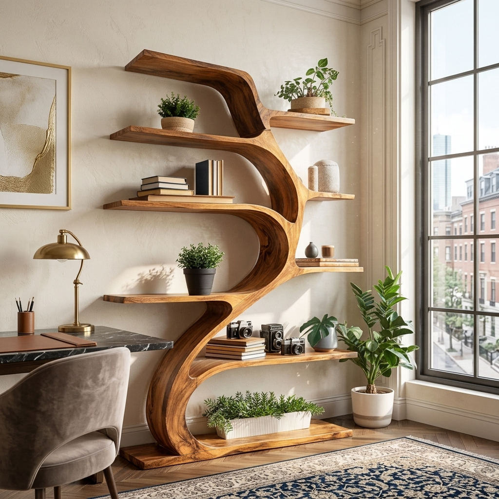 Minimal Natural Wood Bookshelf Branch Design For Interior Space