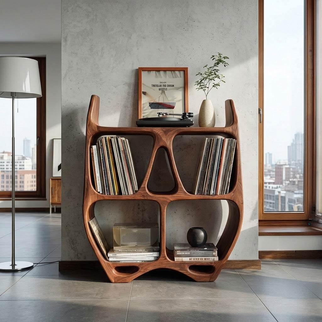 Elegant Sculptural Wooden Record Cabinet For Living Room