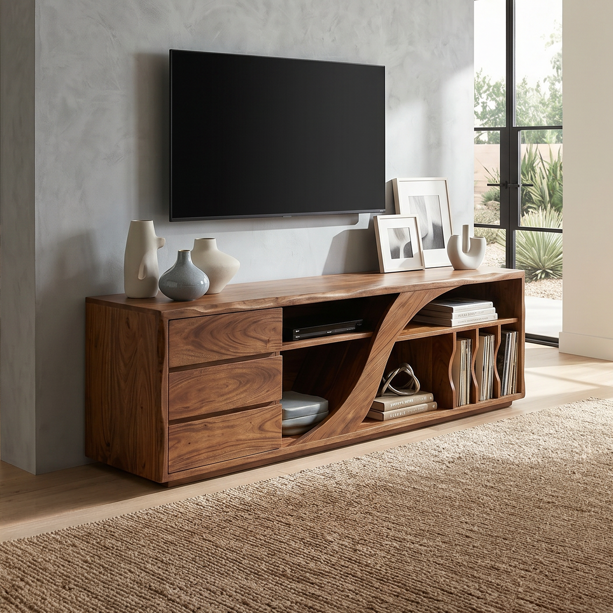 Sculptural Walnut TV Stand Modern Minimalist Interior