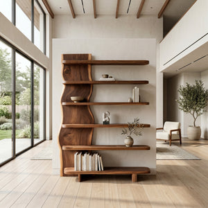 Modern Organic Wooden Standing Shelf For Lounge Area