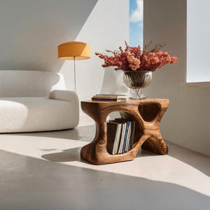 Minimalist Sculptural Wood Side Table With Organic Shape And Storage For Modern Living Room