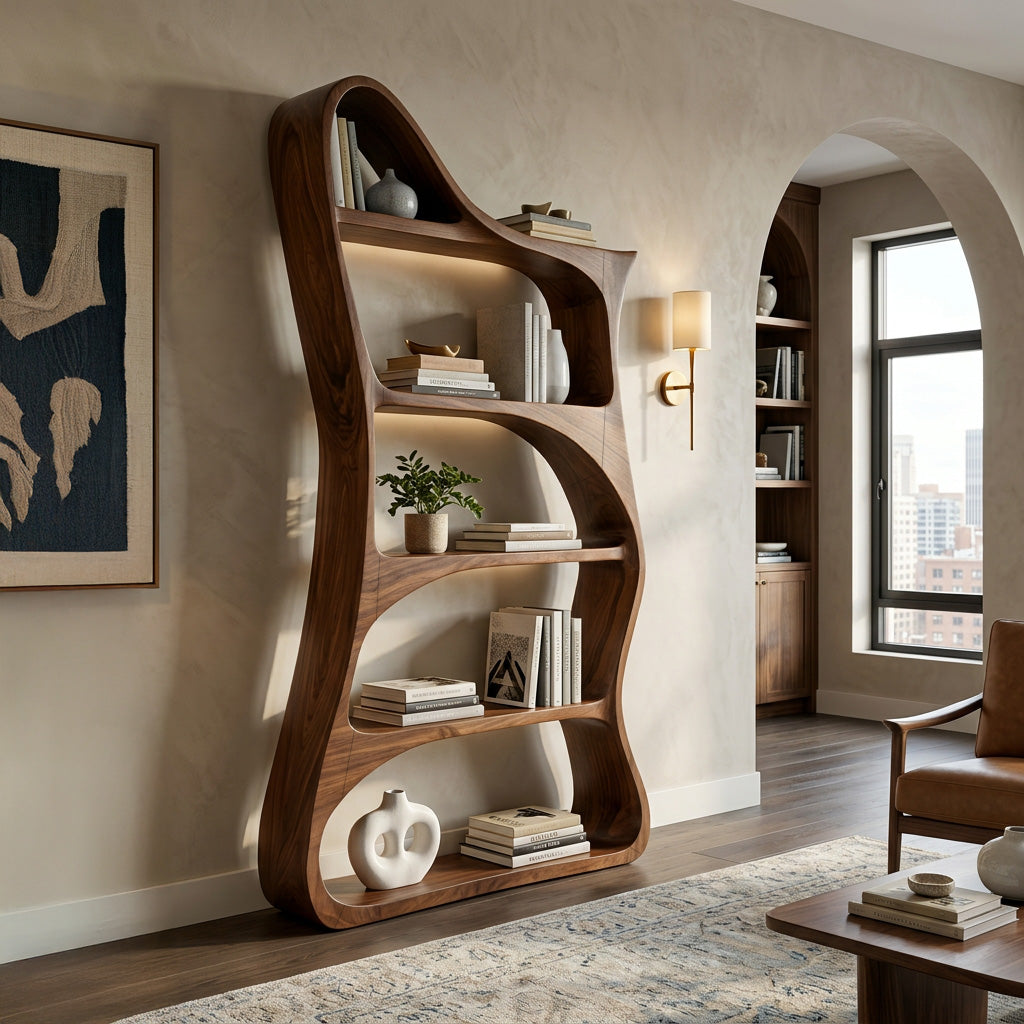 Modern Sculptural Natural Wood Bookshelf For Living Room