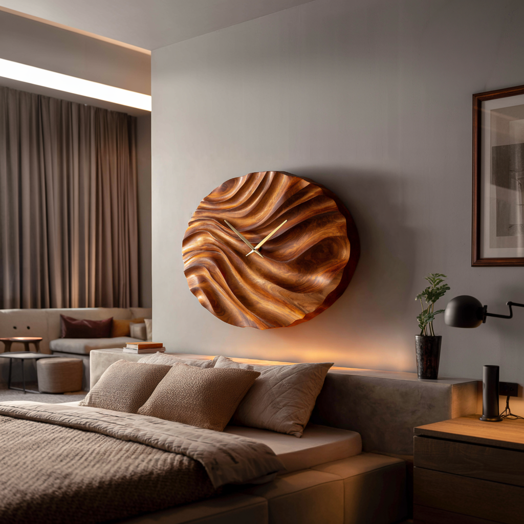 Organic Wood Wall Clock With Flowing Wave For Bedroom Interior