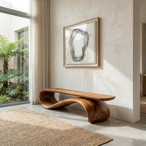 Modern Sculptural Wood Bench For Hallway Accent Decor