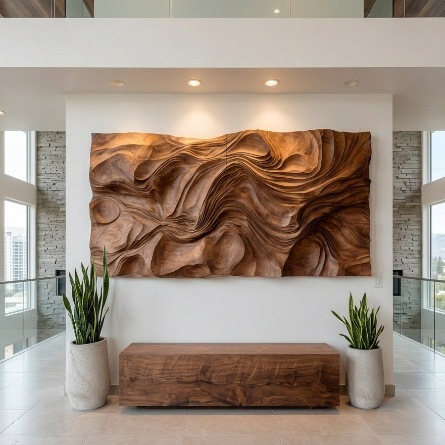 Contemporary Wood Wall Art Wave Carved Design For Wall Deco