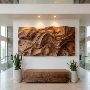 Contemporary Wood Wall Art Wave Carved Design For Wall Deco