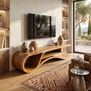 Rustic Curved Media Console For Mediterranean Interior