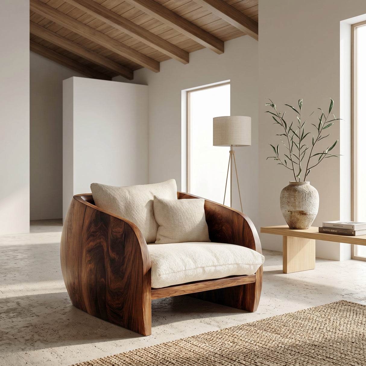 Organic Wooden Armchair With Rounded Frame For Luxury Living Room