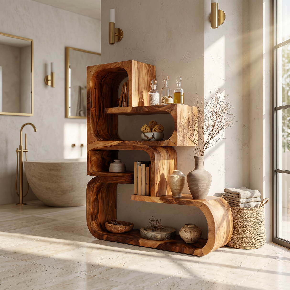Contemporary Wave Edge Wooden Bookcase In Natural Finish