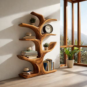 Contemporary Wood Bookshelf Sculptural Curved Design For Living Room