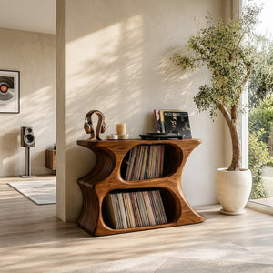 Modern Wooden Record Cabinet With Rounded Shelves For Living Room
