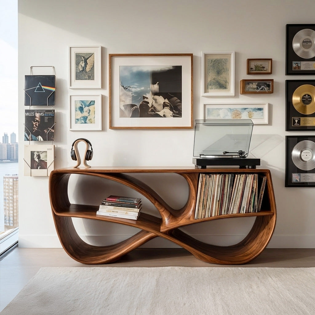Modern Sculptural Wooden Record Player Console For Living Room