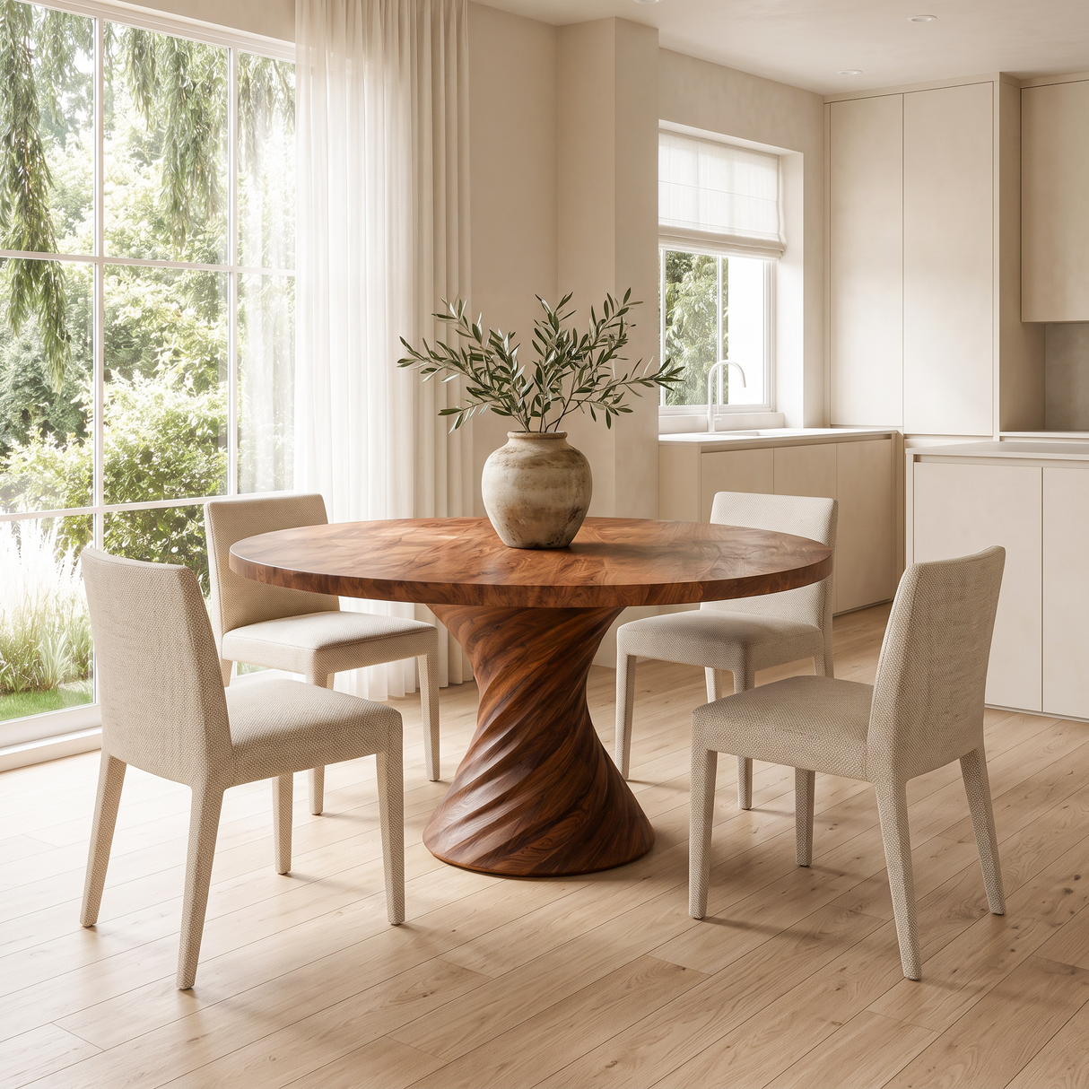 Modern Round Dining Table With Statement Spiral Pedestal For Home