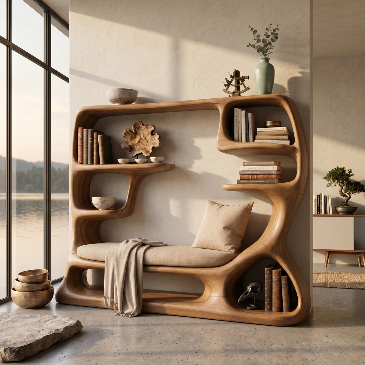Organic Window Seat Bookcase For Cozy Reading Space