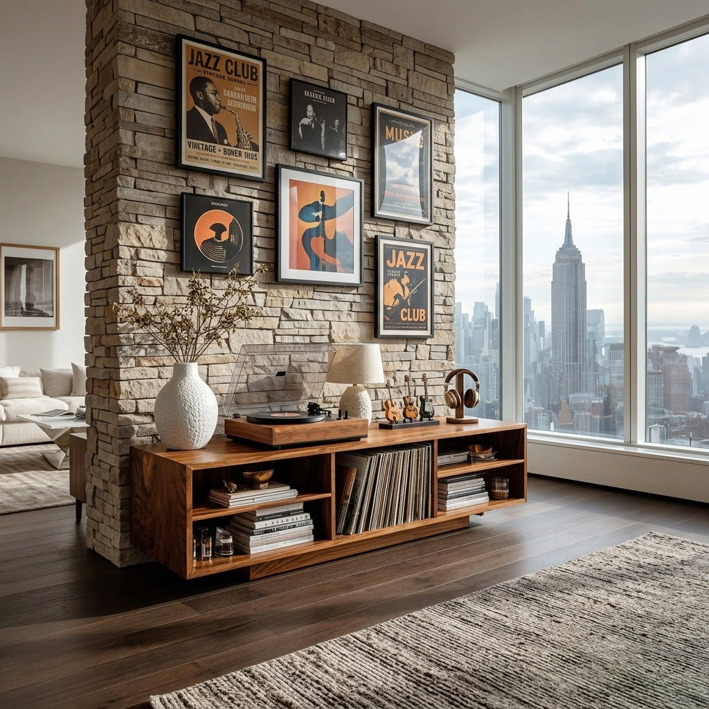 Contemporary Record Player Cabinet With Open Shelves For Living Room