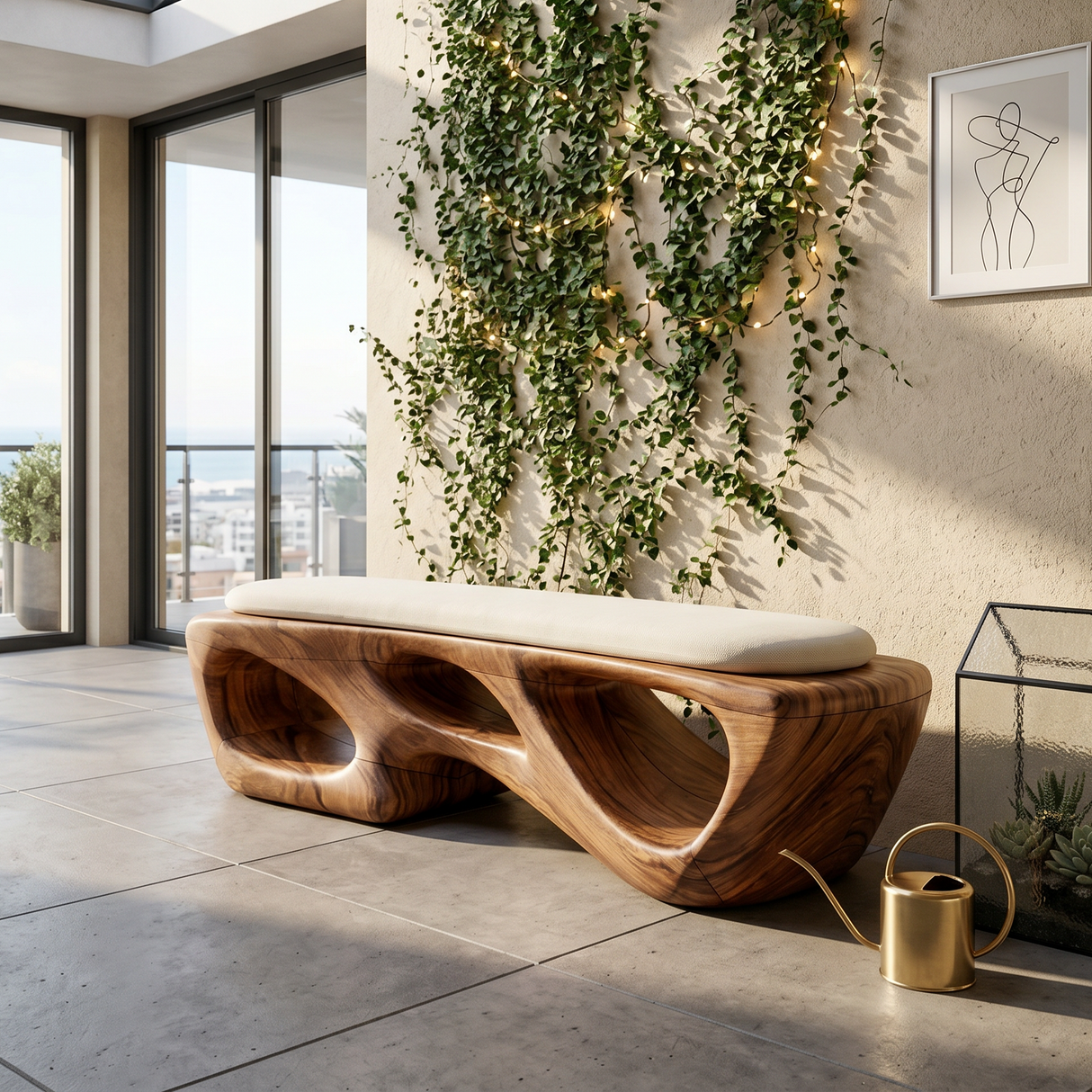 Curved Solid Wood Bench Luxury Living Room