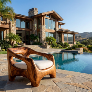 Wooden Armchair With Sculptural Frame For Porch