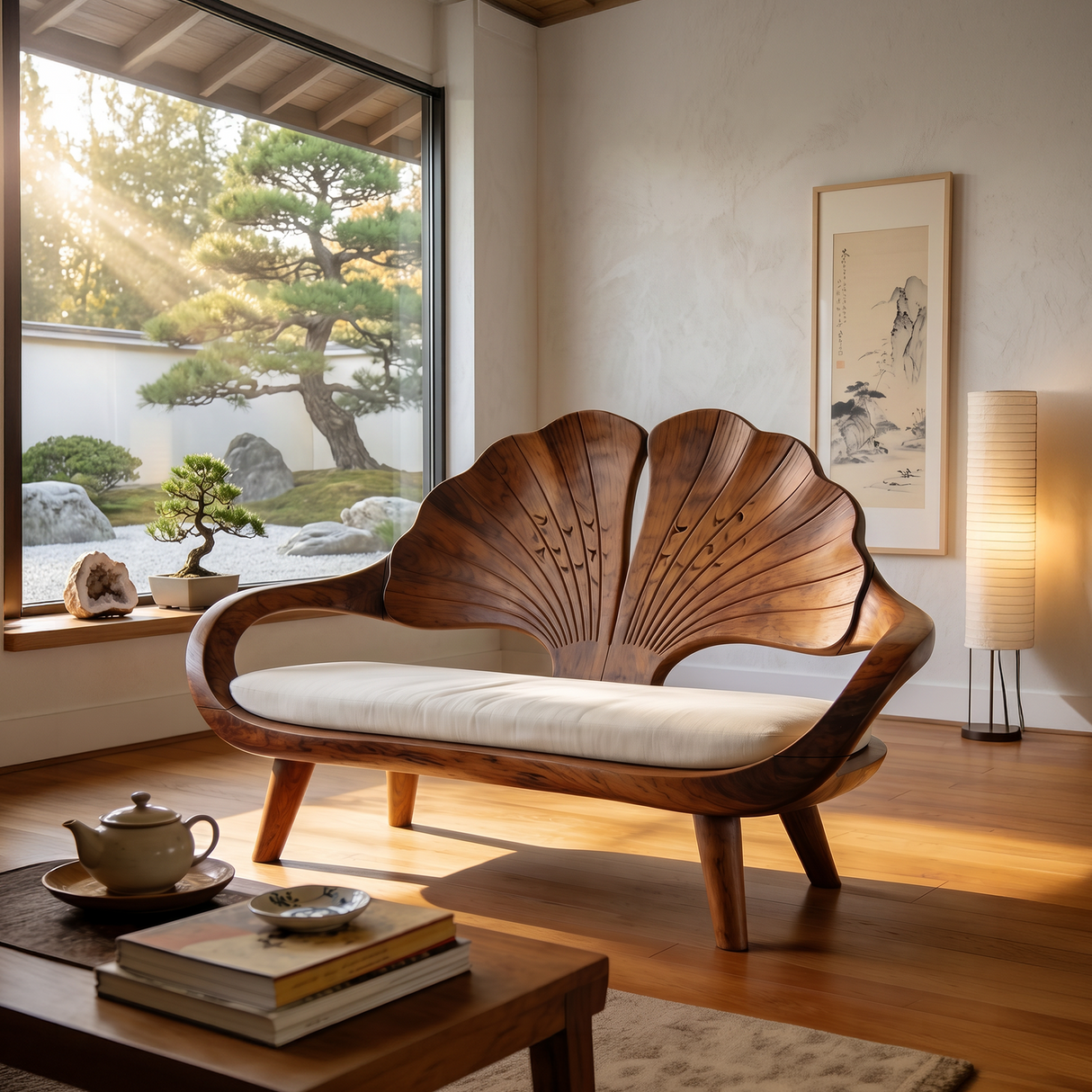 Minimalist Ginkgo Leaf Back Bench For Reading Interior Area