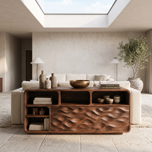 Handcrafted Wooden Console Table With Open Display Shelves For Entryway