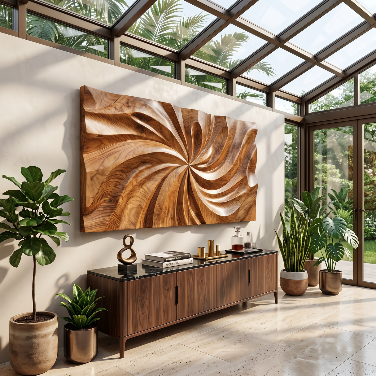 Modern Wood Wall Art With Swirl Relief For Sunroom