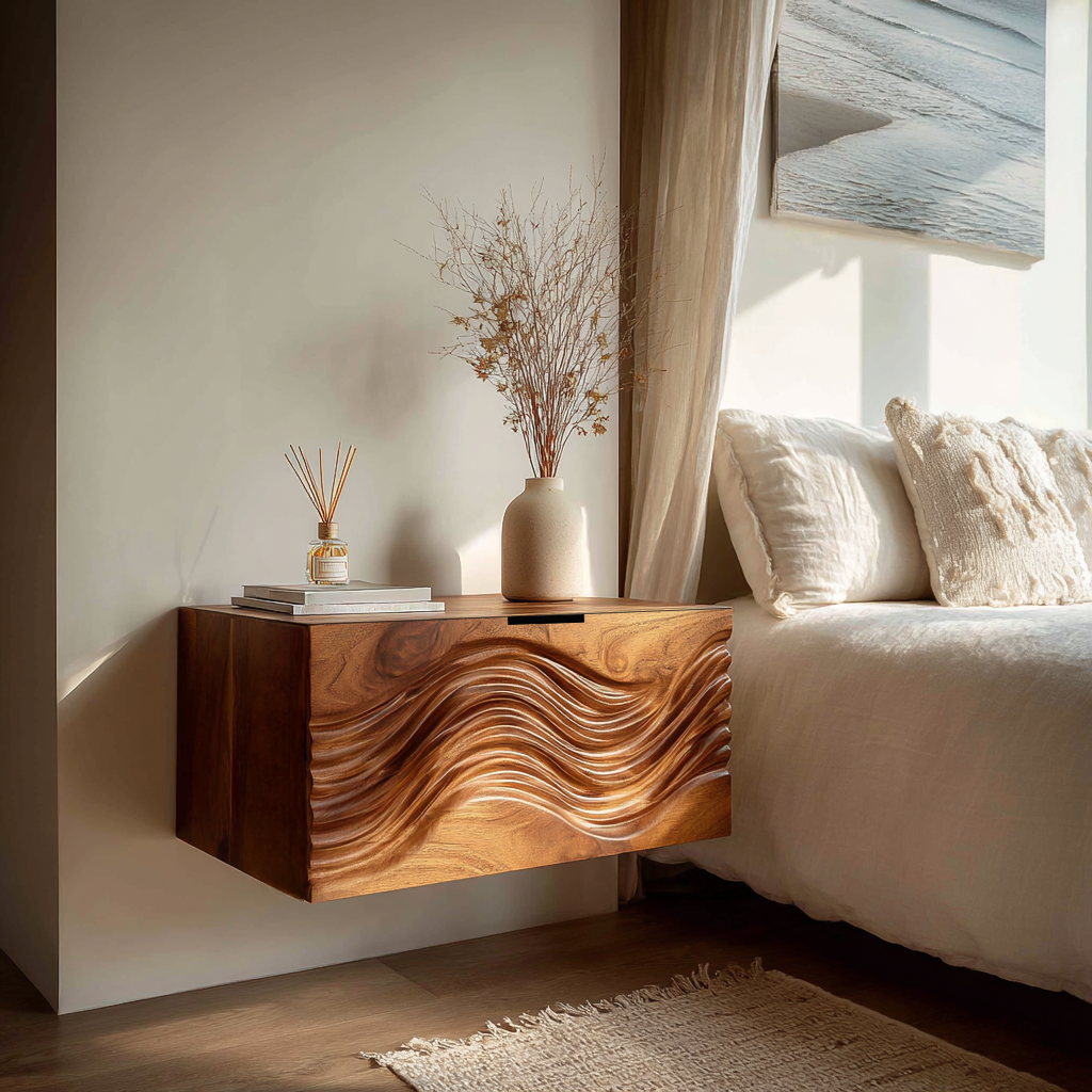 Modern Wooden Floating Nightstand With Wave Carved Front For Bedroom ...