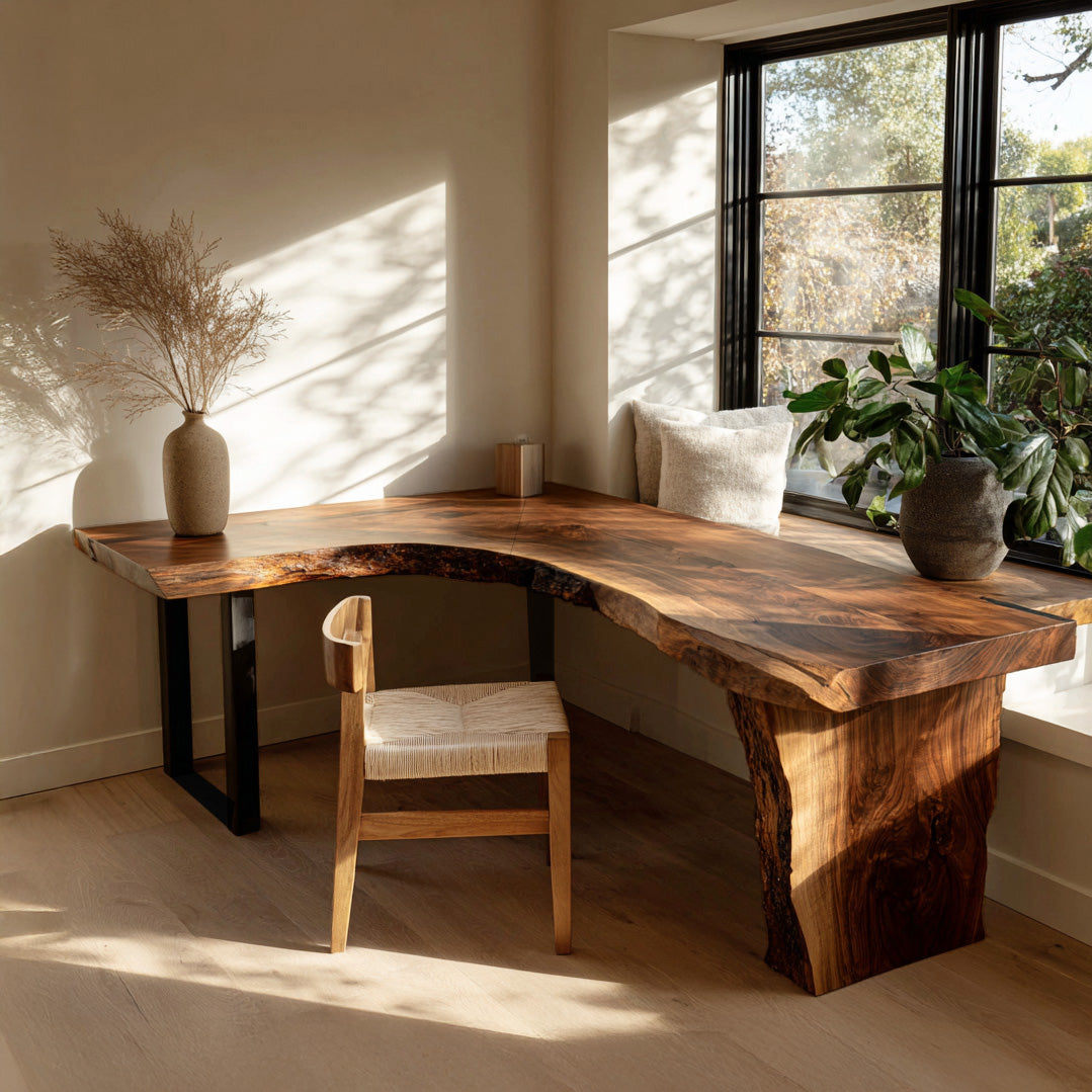Organic Wooden L Desk With Live Edges For Minimalist Workspace