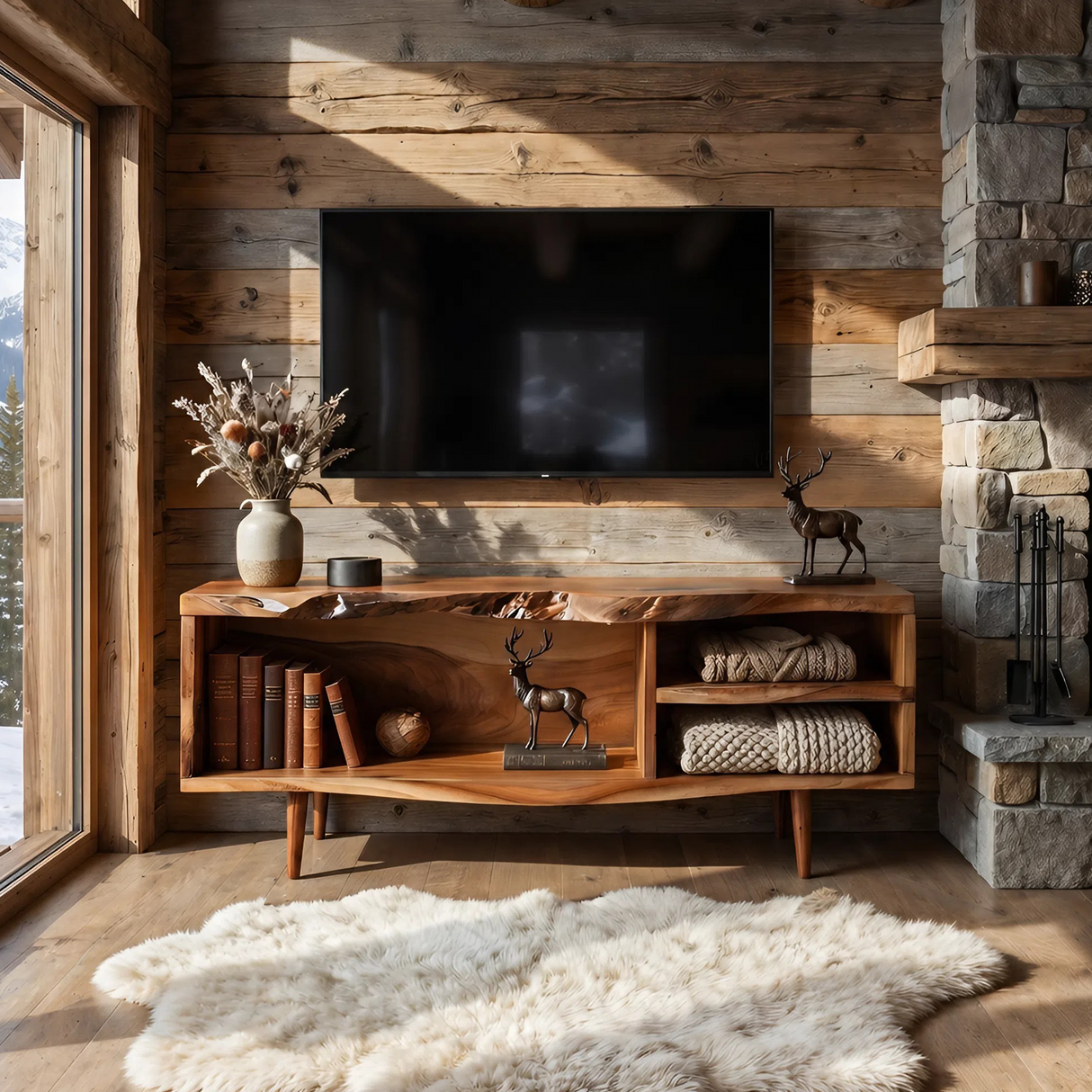 Mid Century Curved TV Console For Living Room