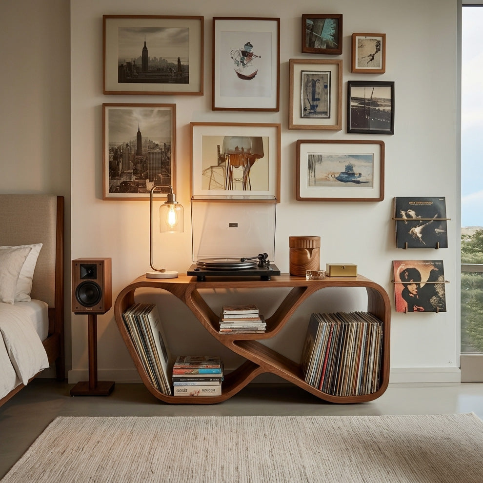Organic Record Player Cabinet With Curved Shelving For Living Room