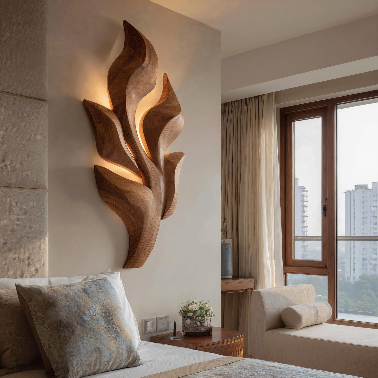 Sculptural Wooden Leaf Wall Lamp With Warm Light For Home