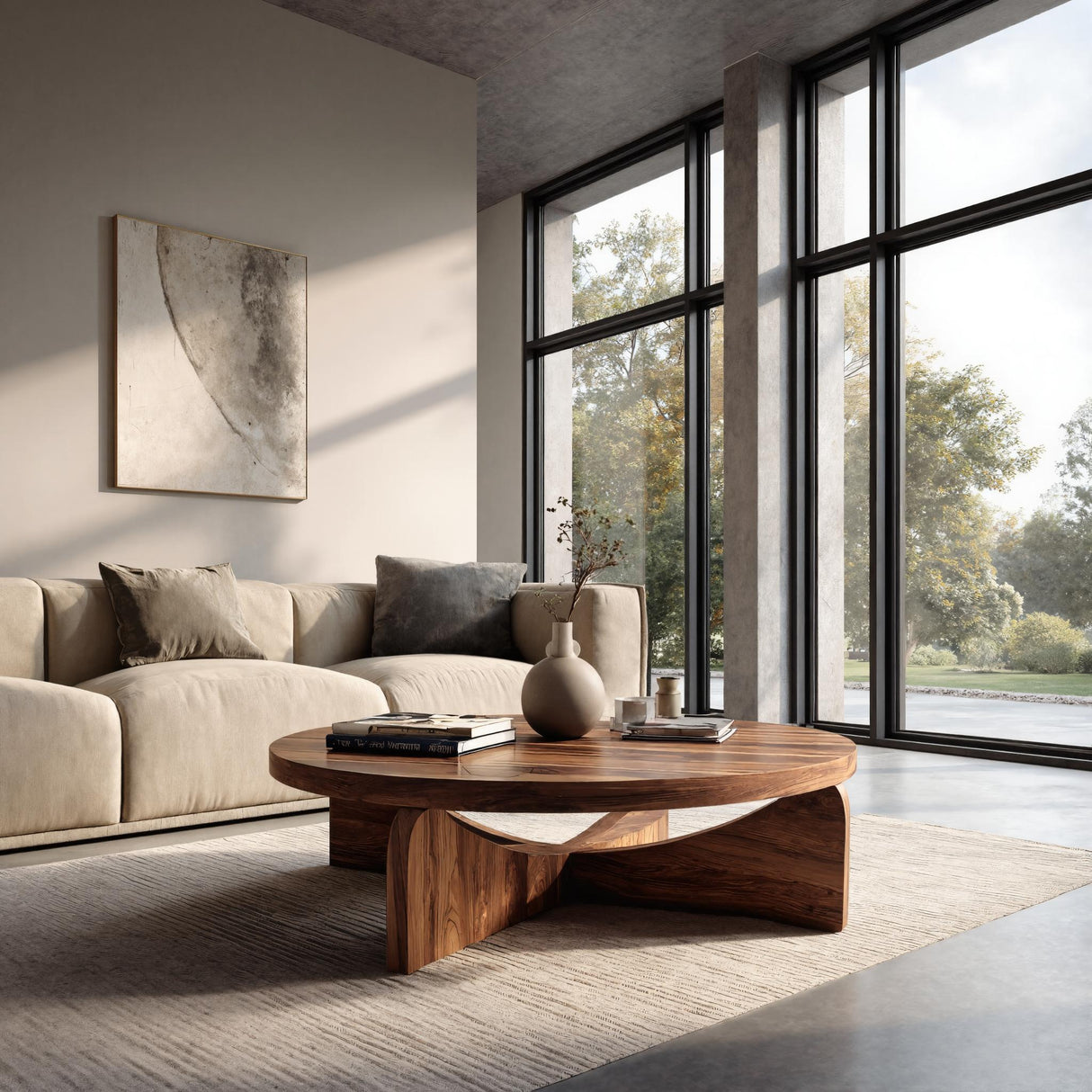 Modern Round Wood Coffee Table With Unique Base For Living