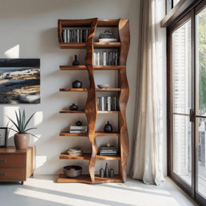 Sculptural Bookshelf With Flowing Wave Design For Living Room