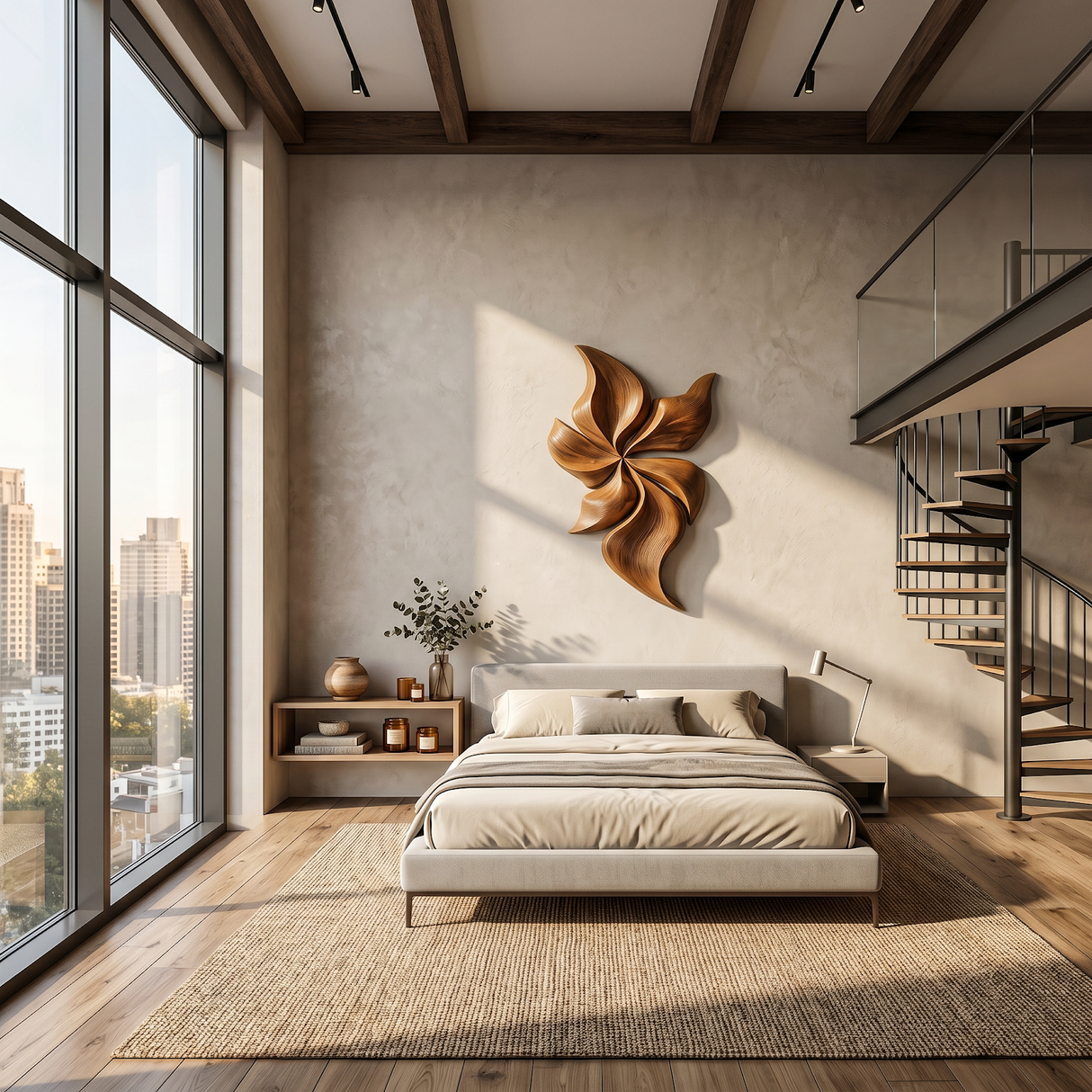 Modern Wooden Wall Art With Floral Inspired Sculpture For Living Room