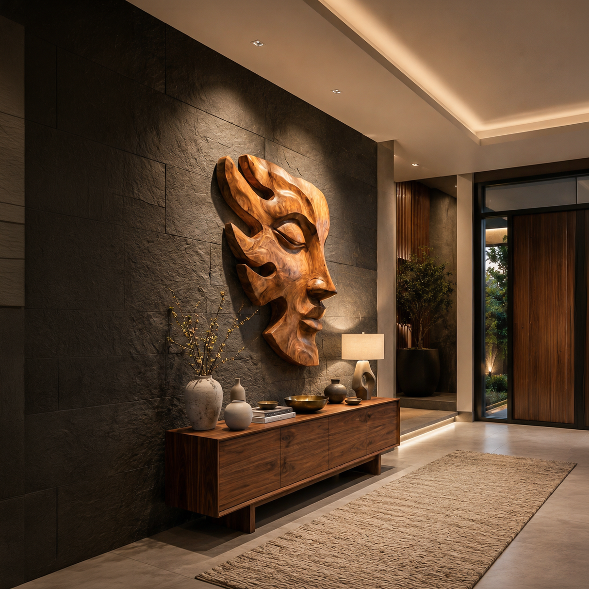 Handcrafted Wooden Face Wall Art With Sculptural Form For Interior