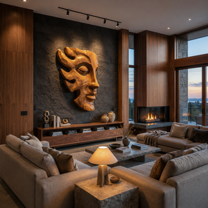 Handcrafted Wooden Face Wall Art With Sculptural Form For Interior