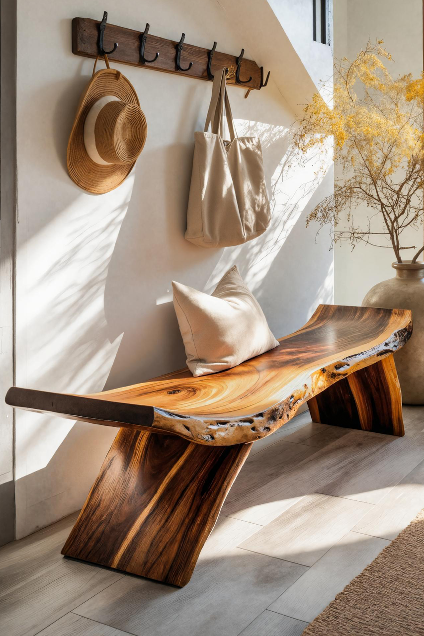 Rustic Live Edge Bench With Organic Curves For Entryway