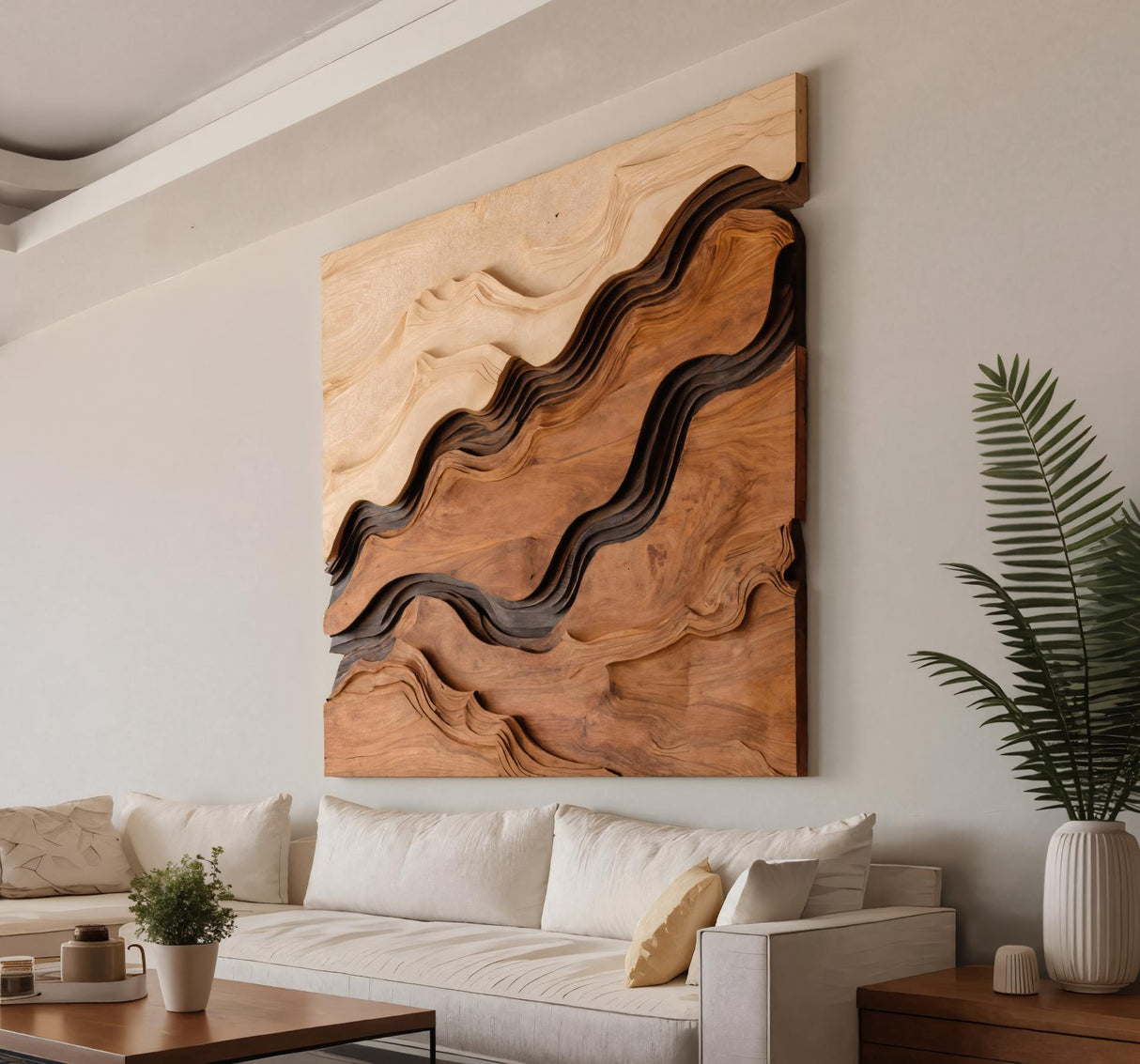Square Sculptural Wall Art With Layered Wave Pattern For Living Room