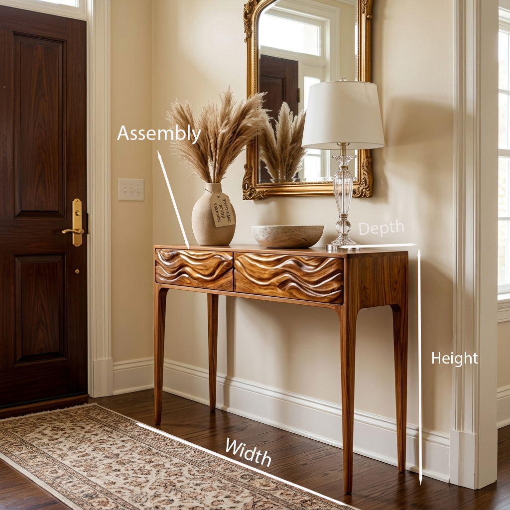 Wooden Console Table With Exquisitely Carved Front For Living Room