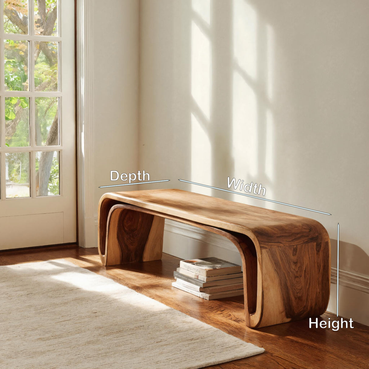 Organic Wood Bench With Unique Curved For Hallway