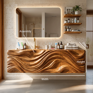 Modern Bathroom Vanity With Ocean Wave Carved Wood Cabinet For Home