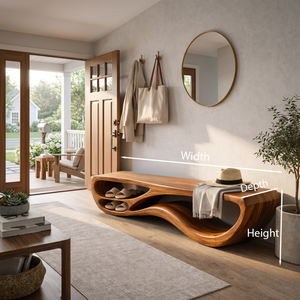 Sculptural Natural Wood Bench With Integrated Shelving For Hallway