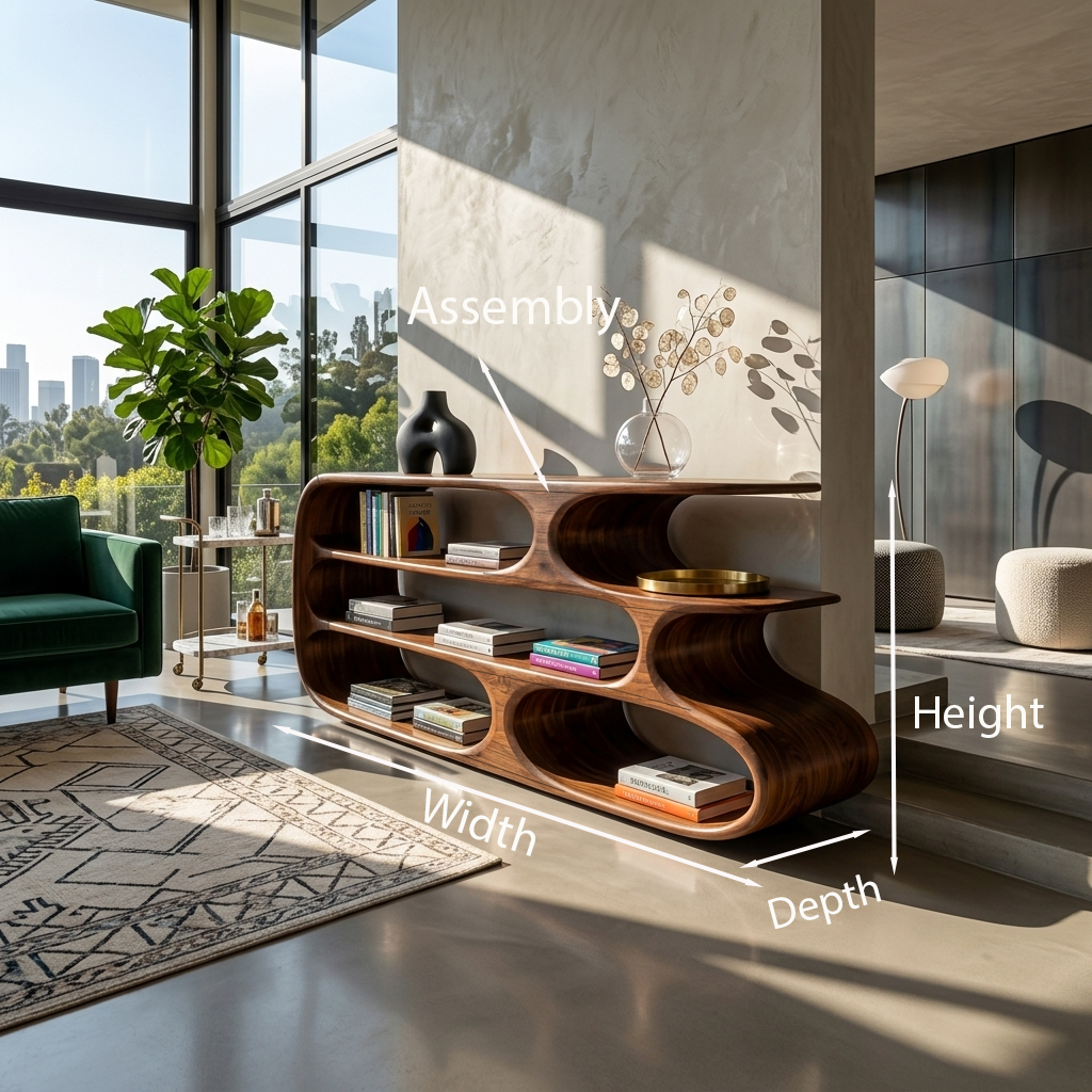 Modern Bookshelf With Sculptural Curves For Living Room Interior
