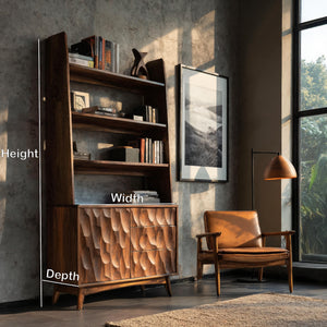 Sculpted Wood Bookcase With Drawers And Open Shelves