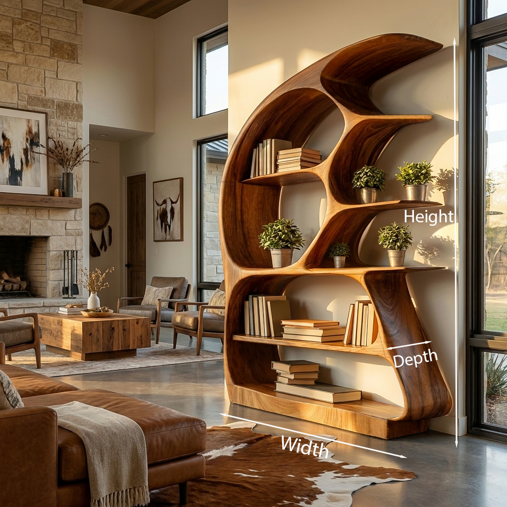Contemporary Sculptural Wood Bookshelf For Living Room Decor