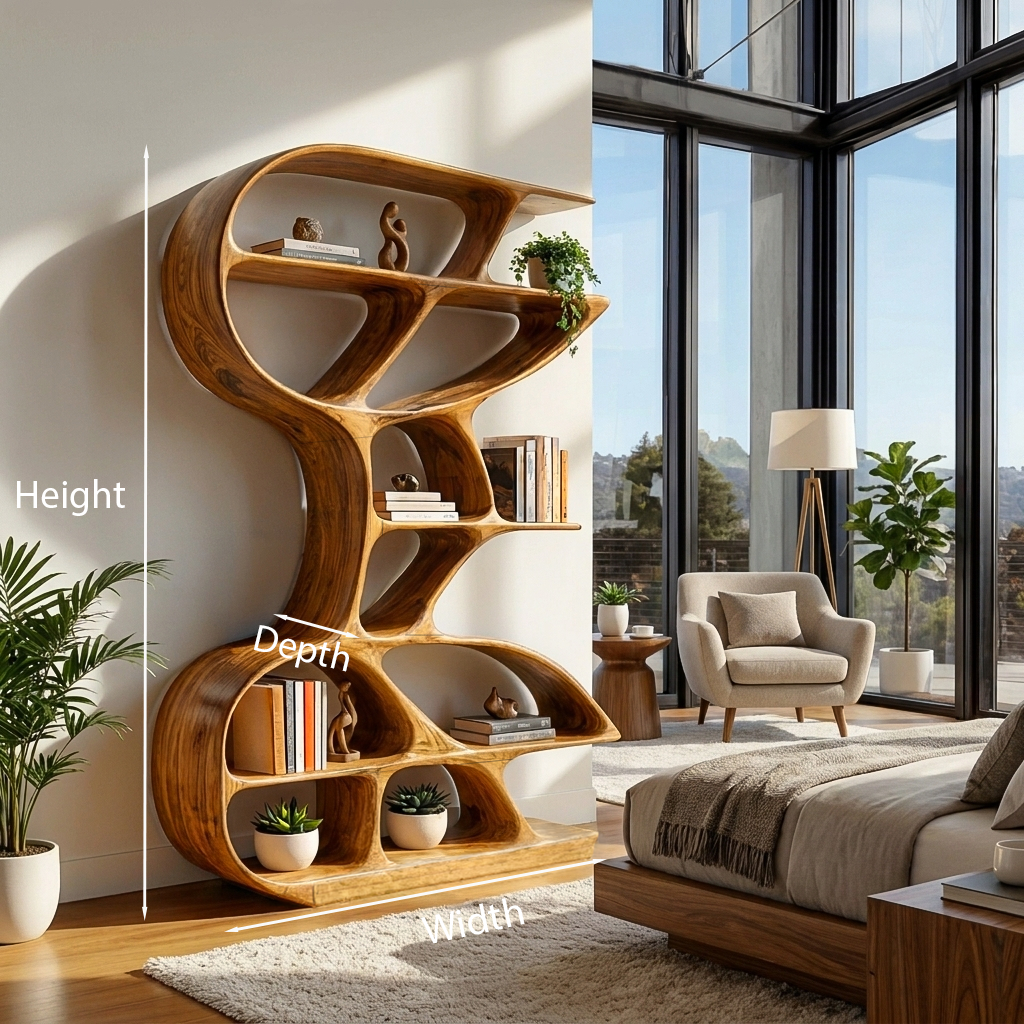 Wooden Bookshelf Unique Sculptural Design For Modern Living Room