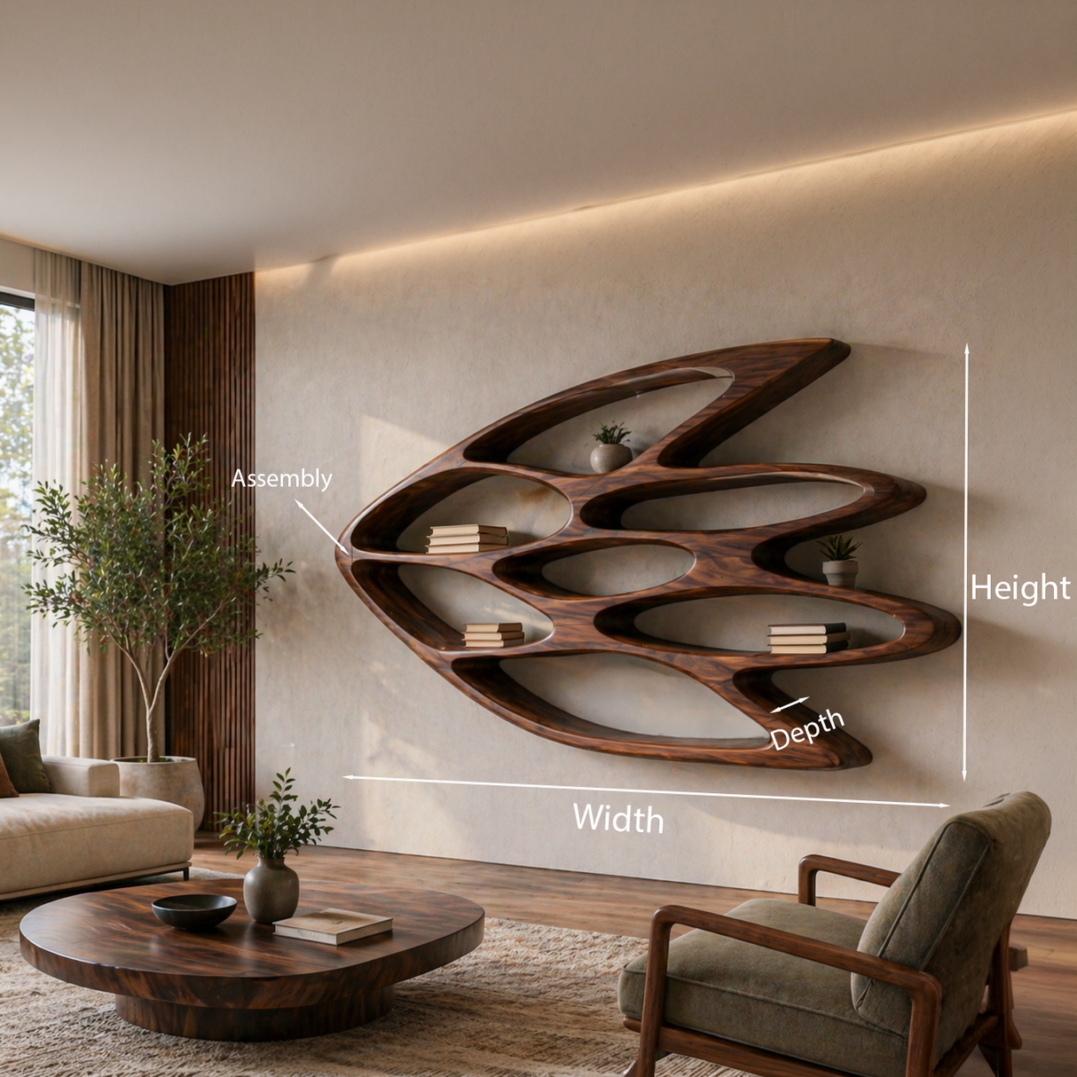 Wooden Wall Bookshelf With Unique Shape For Living Room Wall