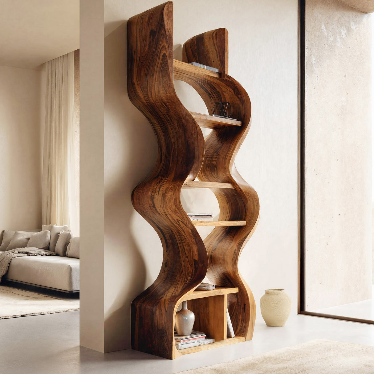 Organic Solid Wood Wall Bookcase For Modern Entryway