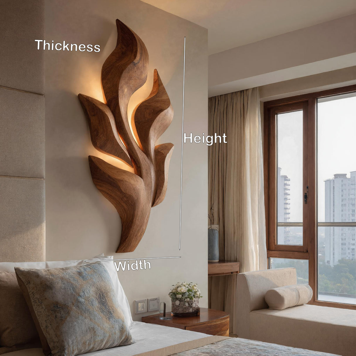 Sculptural Wooden Leaf Wall Lamp With Warm Light For Home