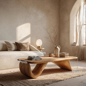 Organic Wood Coffee Table With Sculpted Curved Base For Living