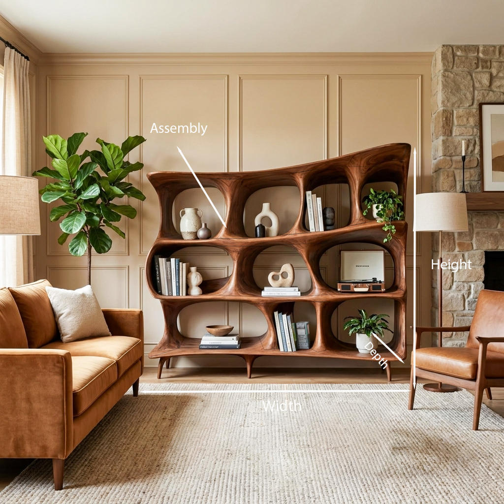 Organic Carved Bookshelf For Living Room Or Office Storage