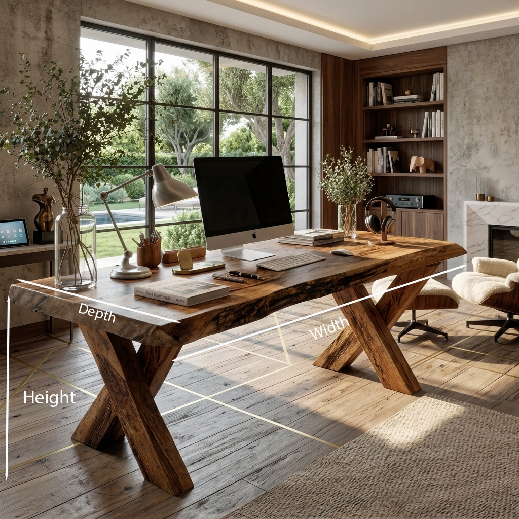Rustic Live Edge Desk With X Legs For Home Office